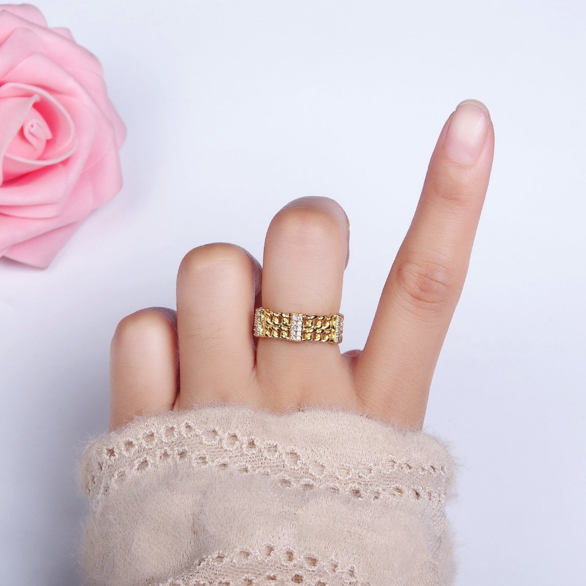 14K Gold plated Double Curb Chain Link Micro Paved Bar Ring | O1051 - DLUXCA