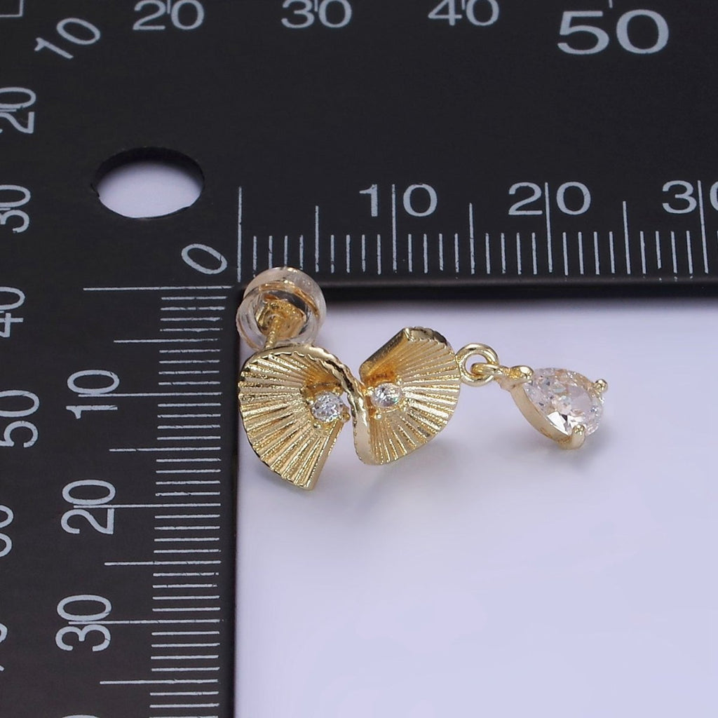 14K Gold plated Double CZ Sunburst Twirled Teardrop Drop Stud Earrings | AB1275 - DLUXCA