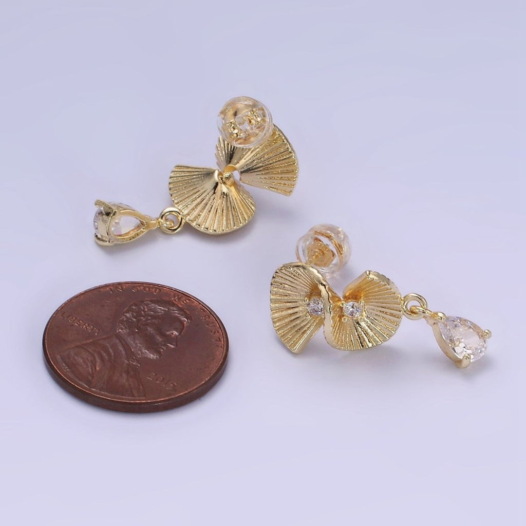14K Gold plated Double CZ Sunburst Twirled Teardrop Drop Stud Earrings | AB1275 - DLUXCA