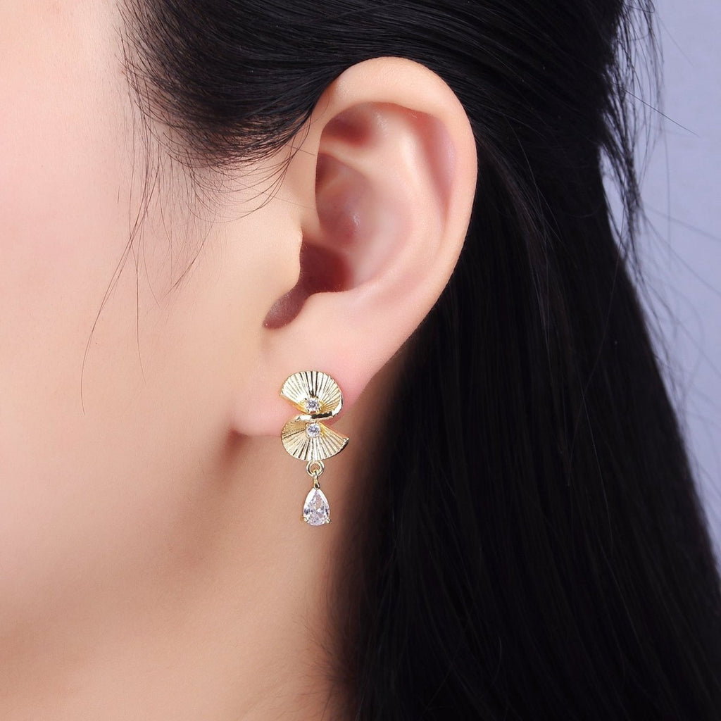 14K Gold plated Double CZ Sunburst Twirled Teardrop Drop Stud Earrings | AB1275 - DLUXCA