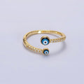 14K Gold plated Double Evil Eye Enamel Clear Micro Paved CZ Open Ring | O-600 - DLUXCA