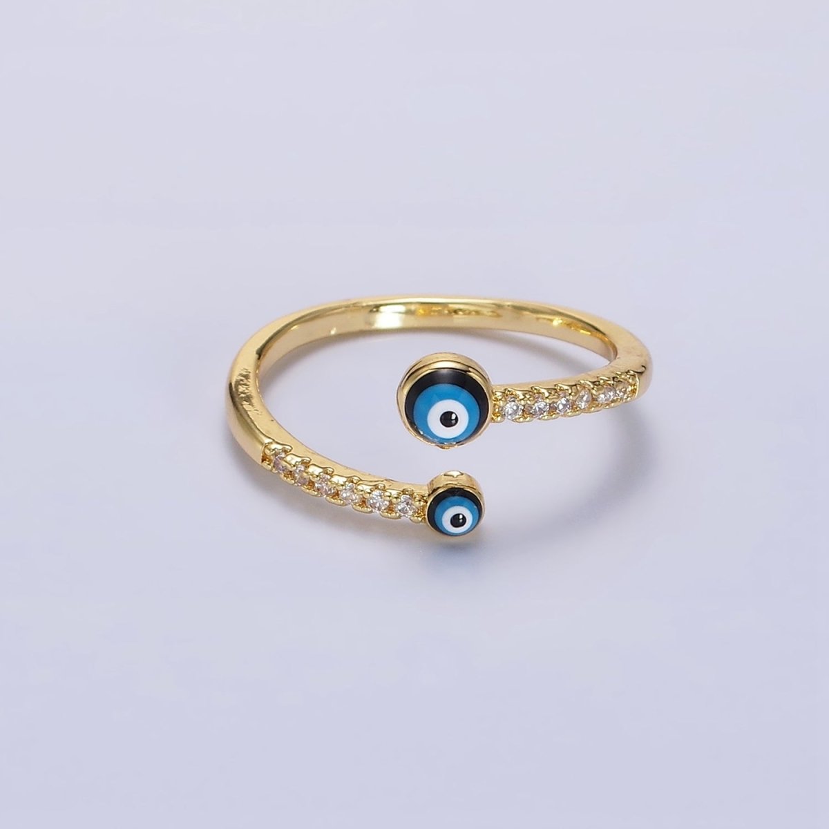 14K Gold plated Double Evil Eye Enamel Clear Micro Paved CZ Open Ring | O-600 - DLUXCA