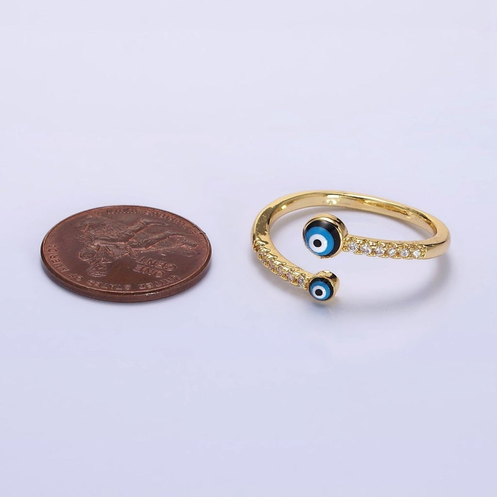 14K Gold plated Double Evil Eye Enamel Clear Micro Paved CZ Open Ring | O-600 - DLUXCA