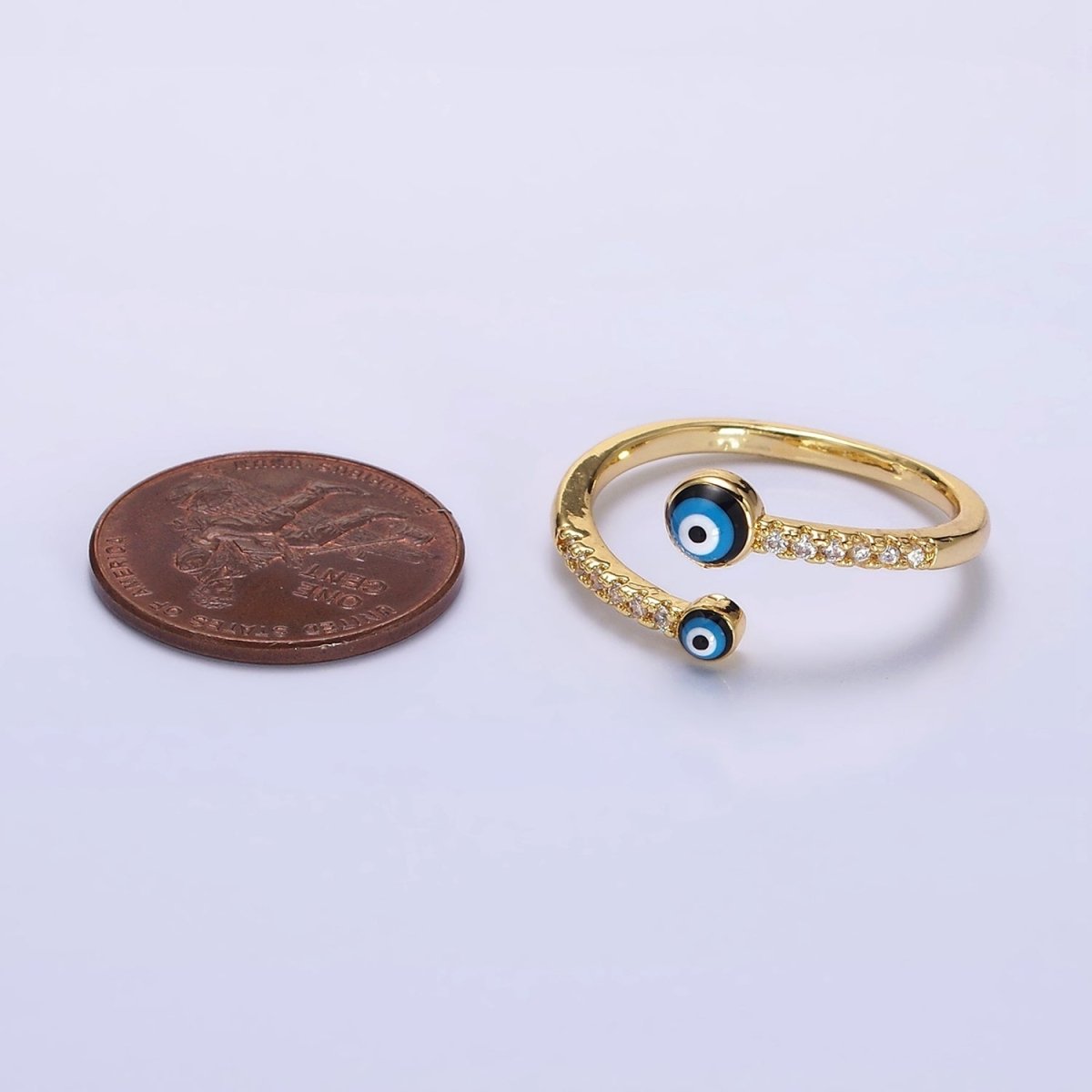 14K Gold plated Double Evil Eye Enamel Clear Micro Paved CZ Open Ring | O-600 - DLUXCA