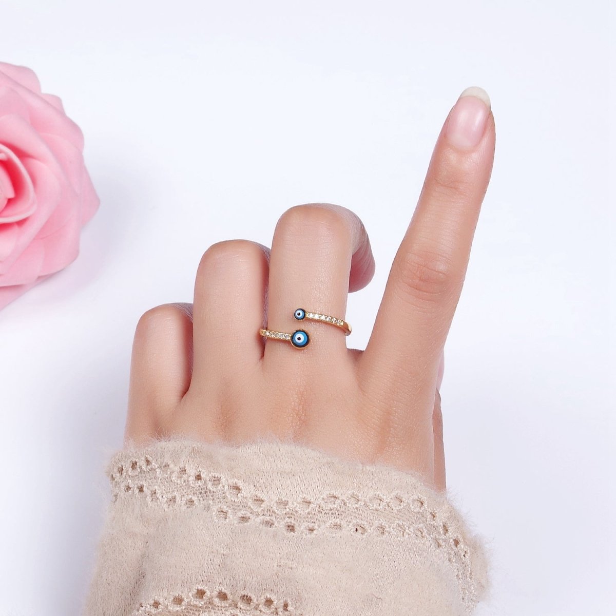 14K Gold plated Double Evil Eye Enamel Clear Micro Paved CZ Open Ring | O-600 - DLUXCA