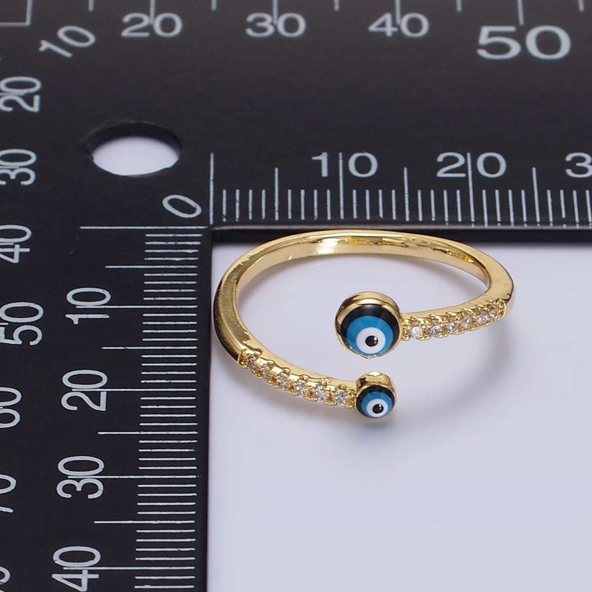 14K Gold plated Double Evil Eye Enamel Clear Micro Paved CZ Open Ring | O-600 - DLUXCA