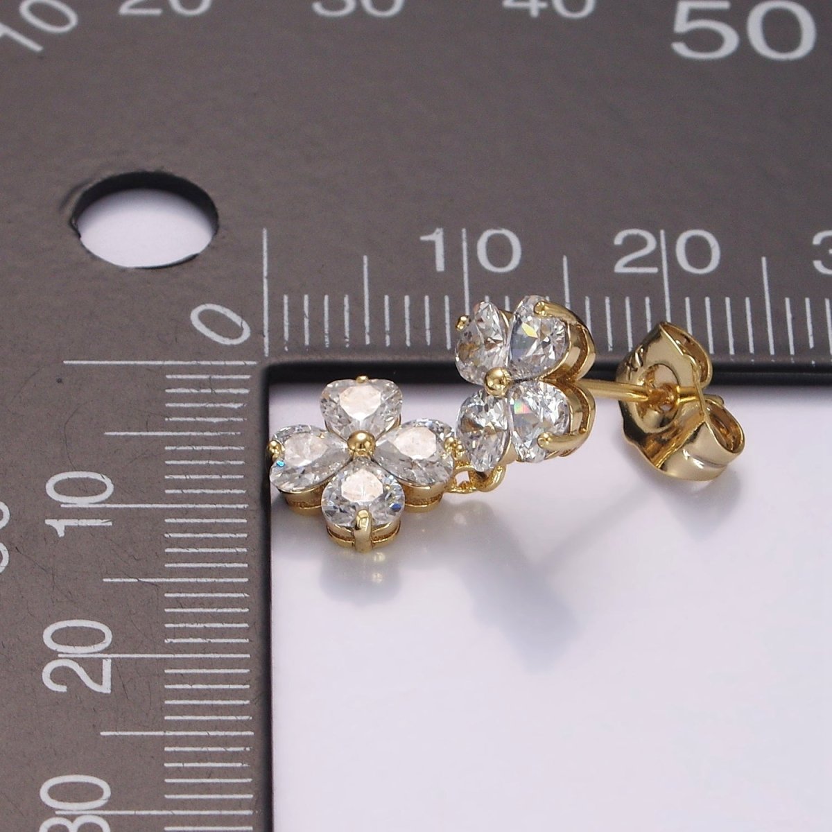 14K Gold plated Double Flower Clear CZ Petal Drop Stud Earrings | AB1127 - DLUXCA