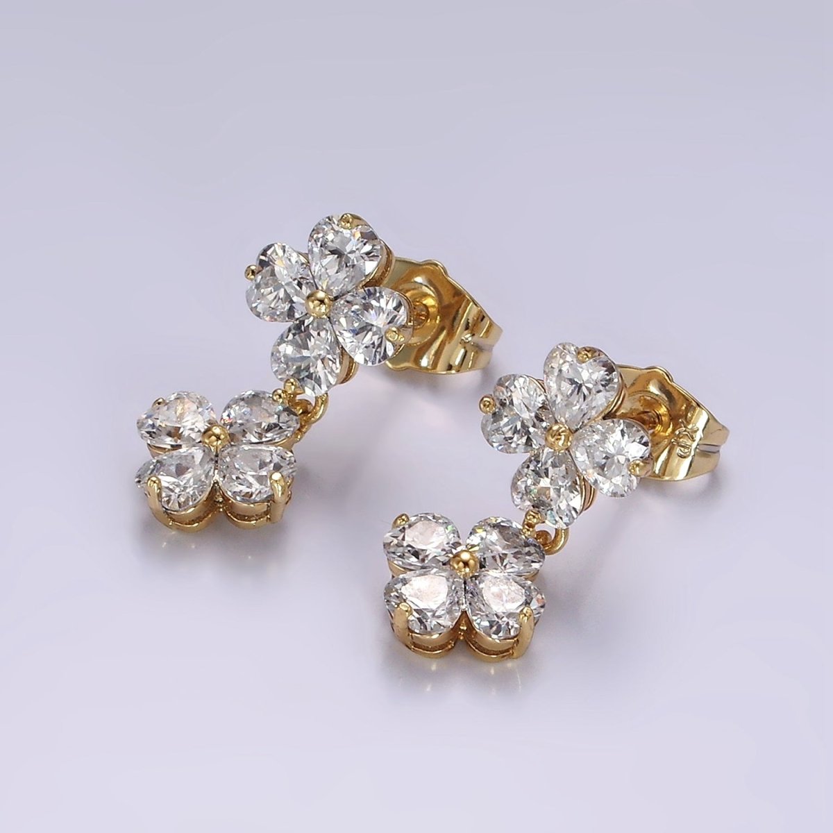 14K Gold plated Double Flower Clear CZ Petal Drop Stud Earrings | AB1127 - DLUXCA