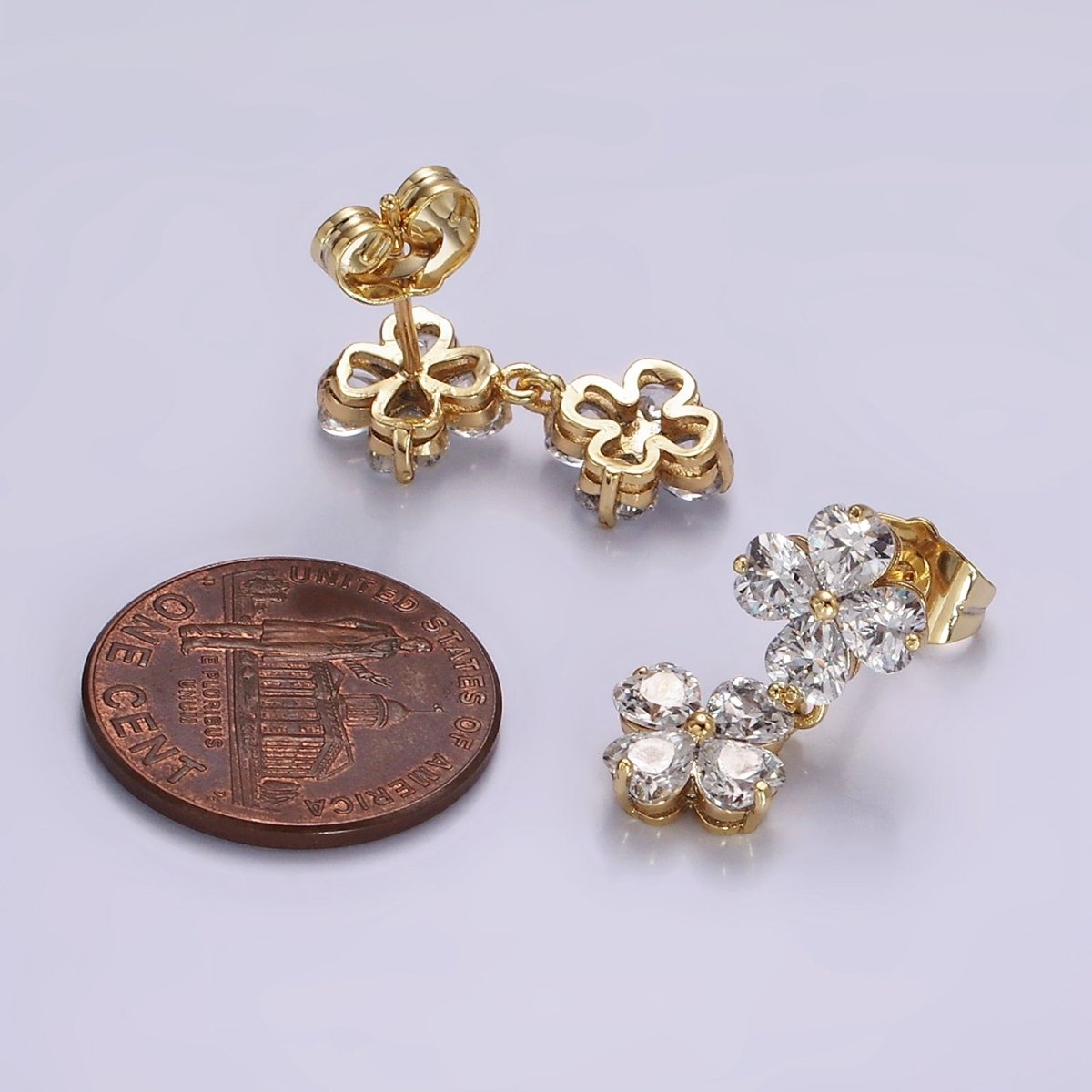 14K Gold plated Double Flower Clear CZ Petal Drop Stud Earrings | AB1127 - DLUXCA