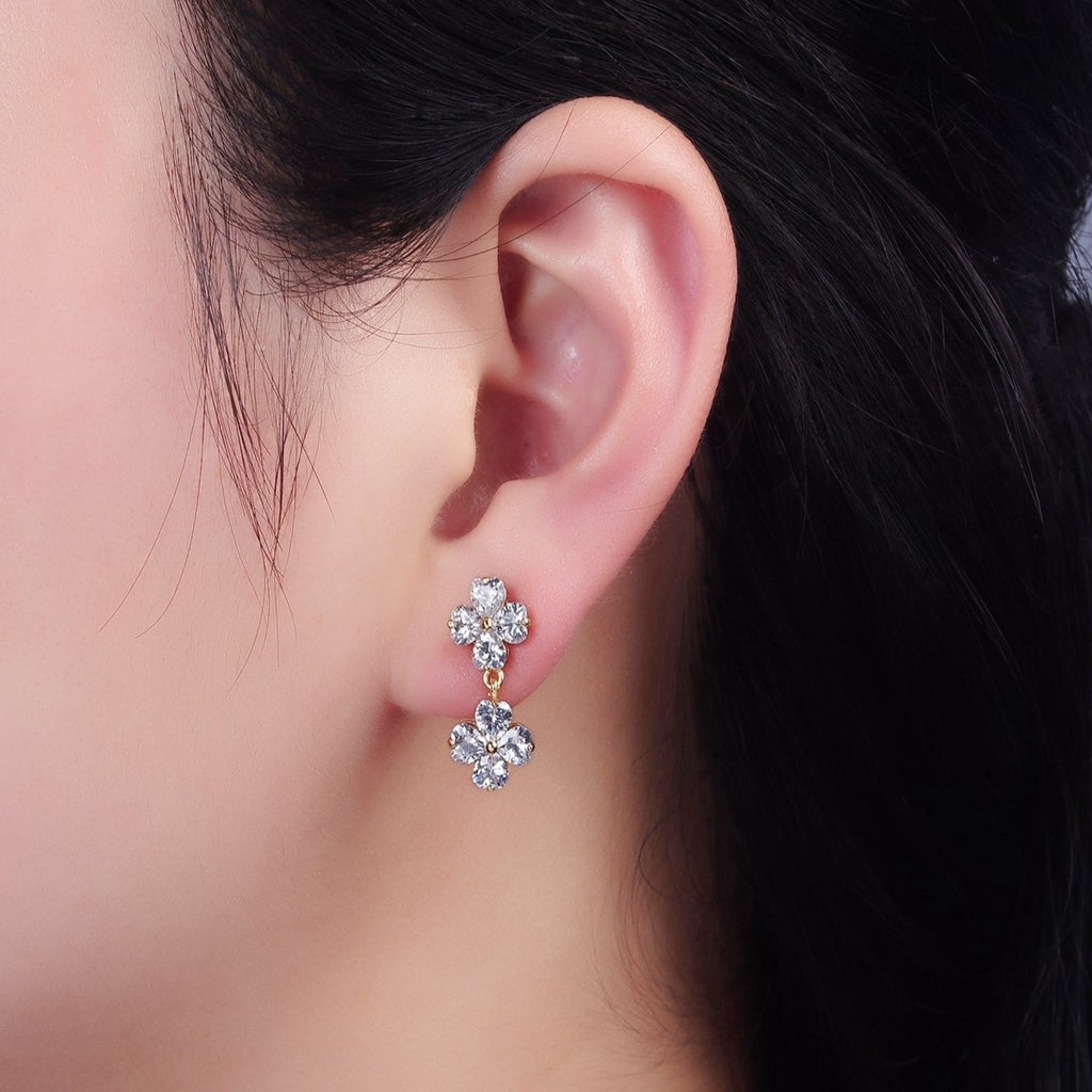 14K Gold plated Double Flower Clear CZ Petal Drop Stud Earrings | AB1127 - DLUXCA