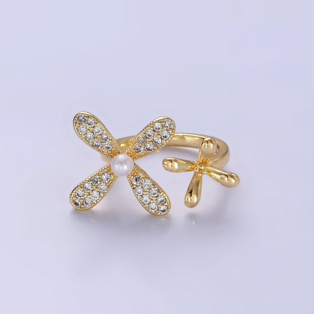 14K Gold plated Double Flower Pearl Micro Paved Wrap Ring | O115 - DLUXCA