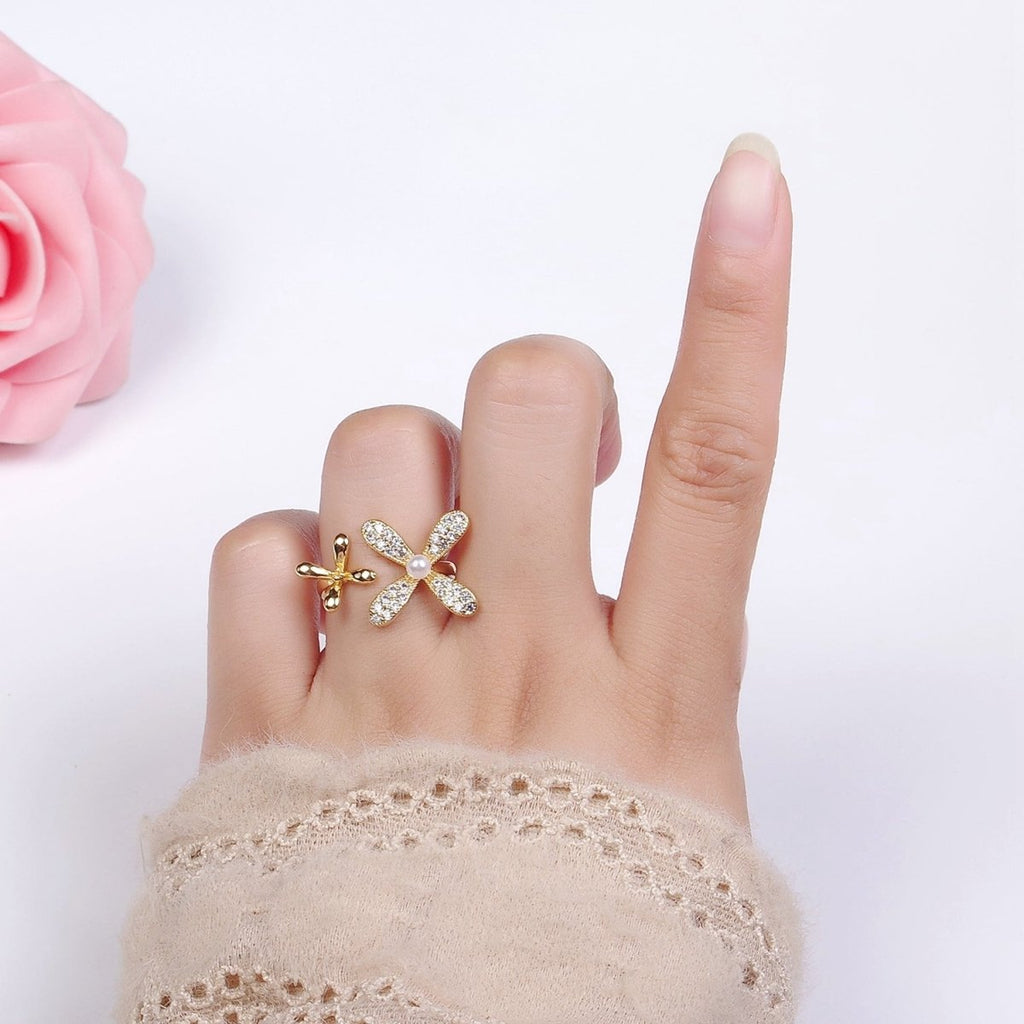 14K Gold plated Double Flower Pearl Micro Paved Wrap Ring | O115 - DLUXCA