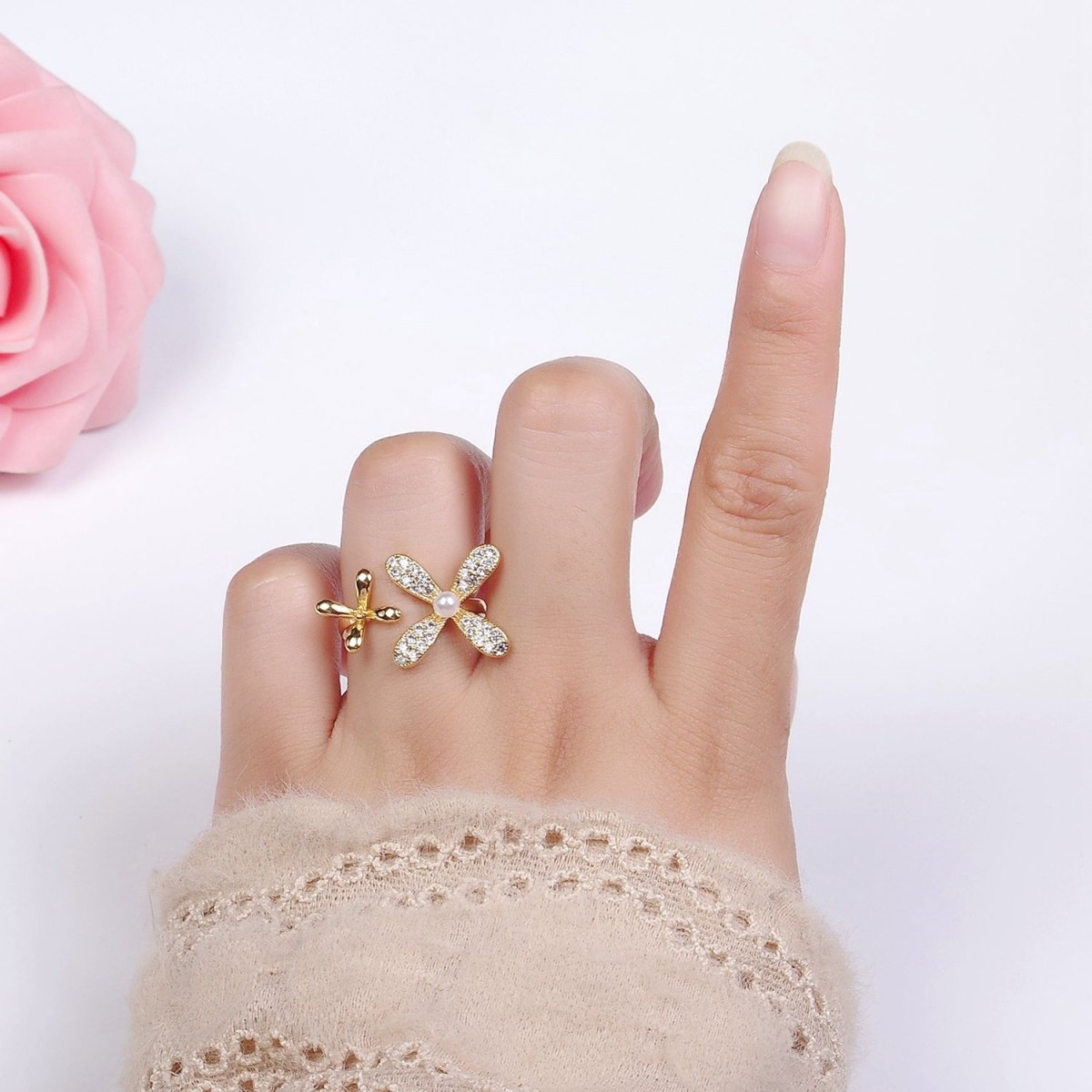 14K Gold plated Double Flower Pearl Micro Paved Wrap Ring | O115 - DLUXCA