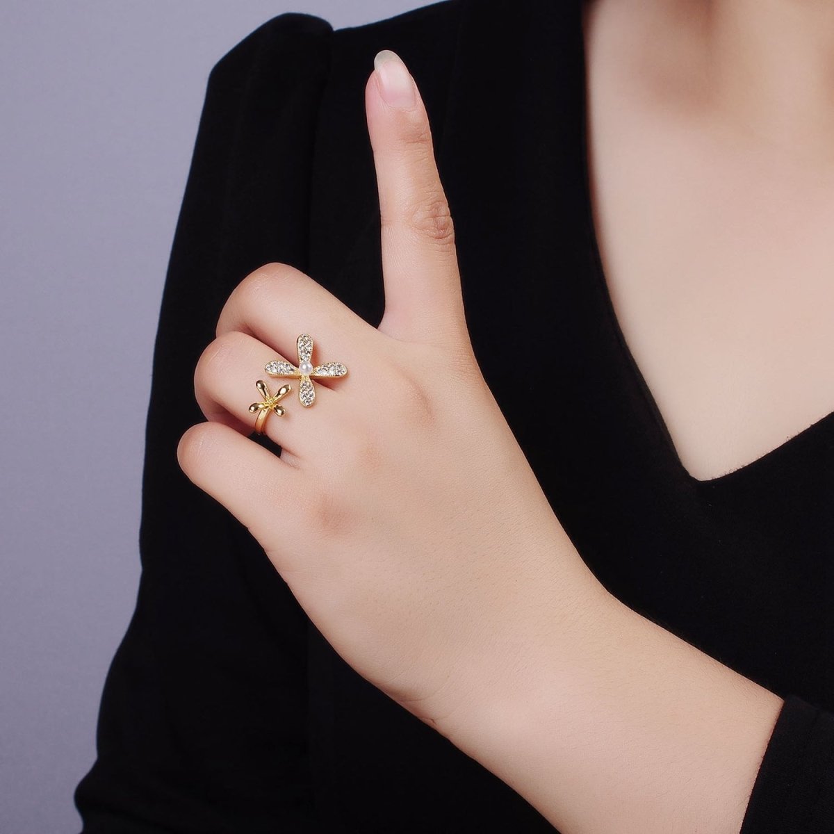 14K Gold plated Double Flower Pearl Micro Paved Wrap Ring | O115 - DLUXCA