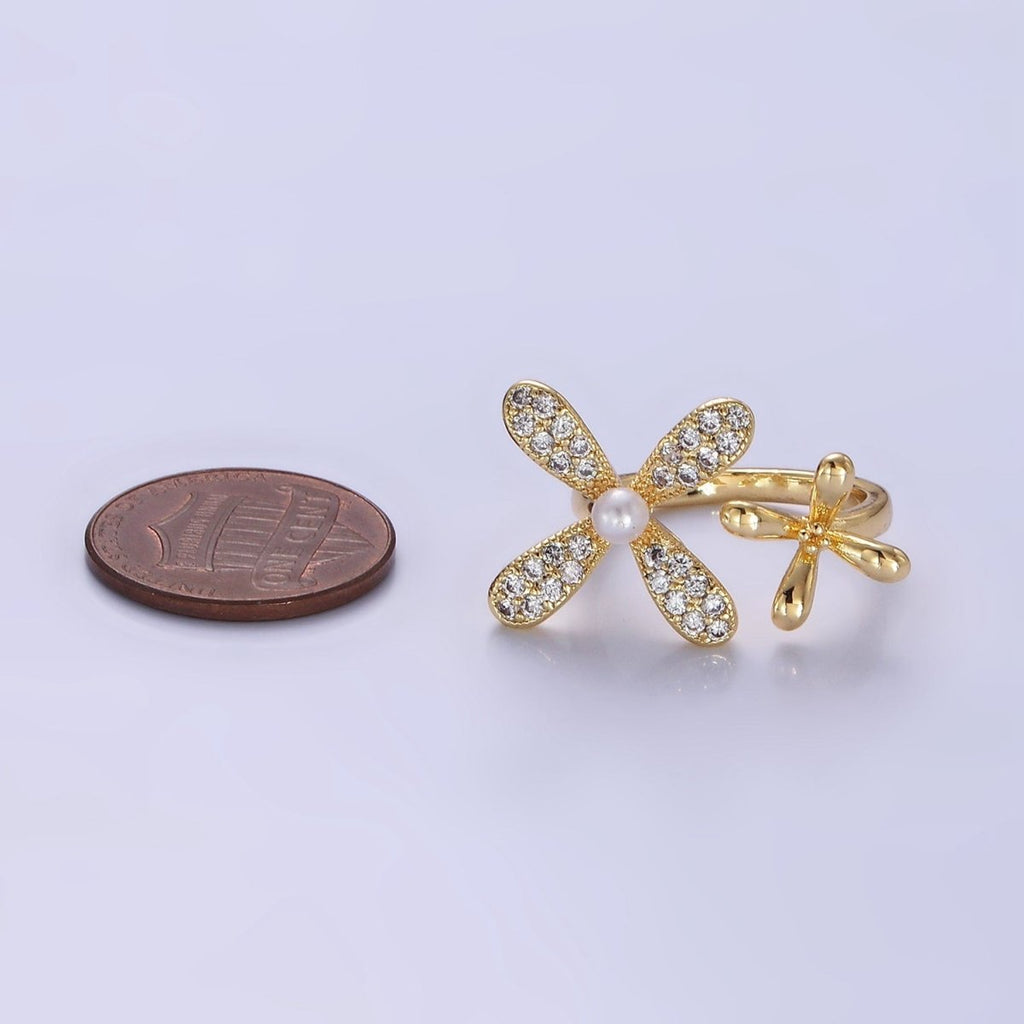 14K Gold plated Double Flower Pearl Micro Paved Wrap Ring | O115 - DLUXCA