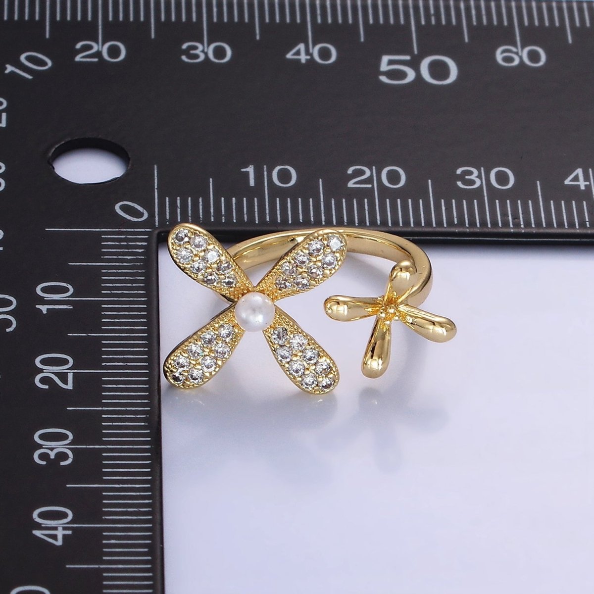 14K Gold plated Double Flower Pearl Micro Paved Wrap Ring | O115 - DLUXCA