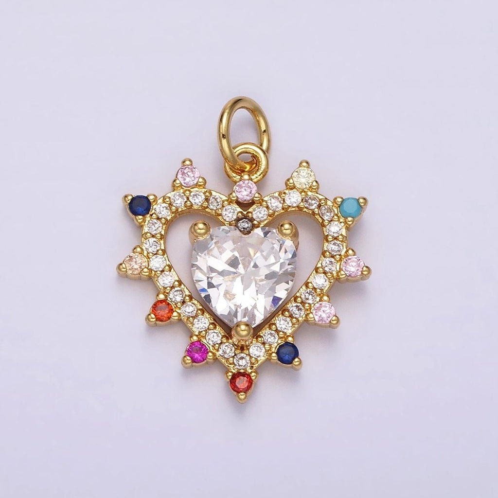 14K Gold plated Double Heart Micro Paved Multicolor CZ Dotted Outline Charm | AG523 - DLUXCA