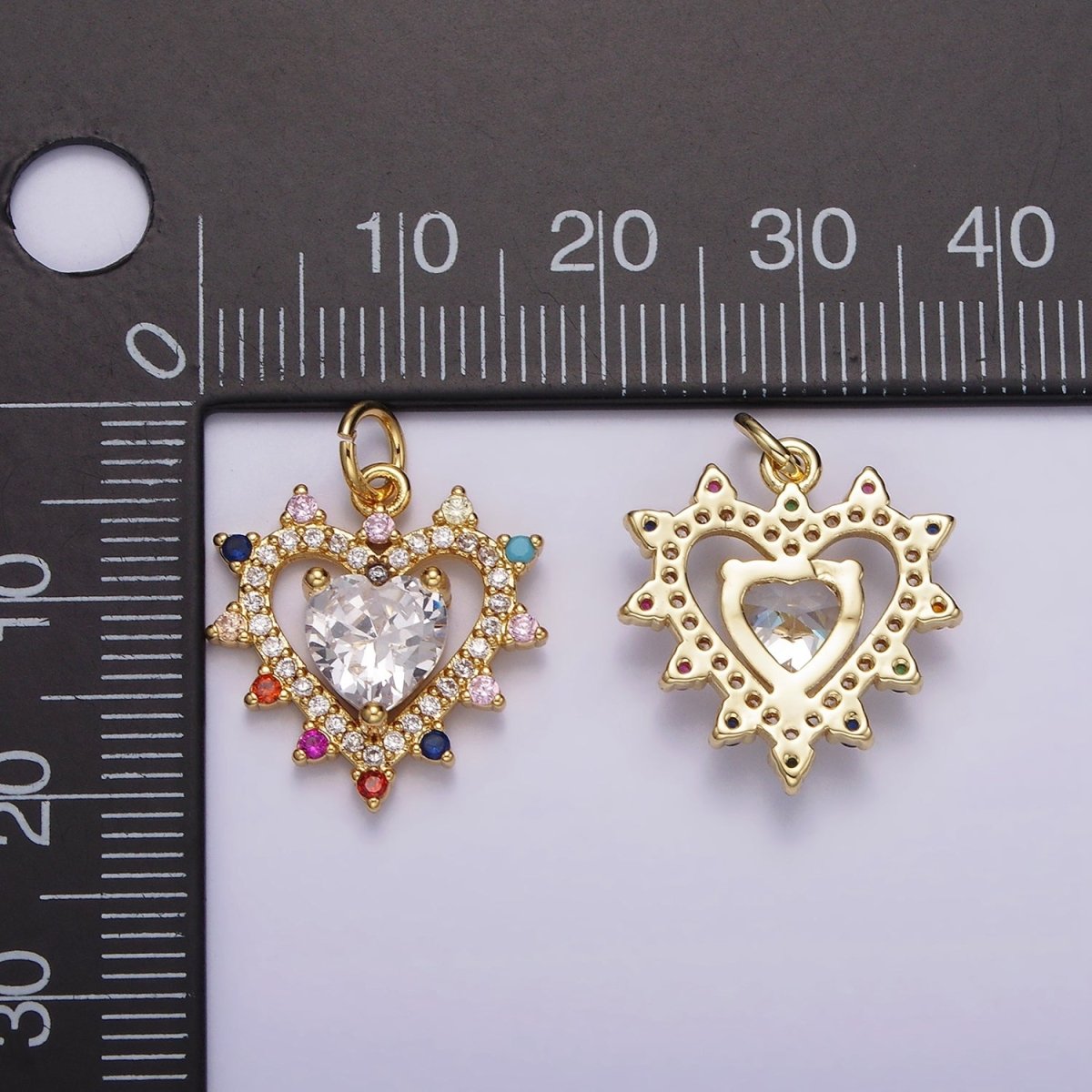 14K Gold plated Double Heart Micro Paved Multicolor CZ Dotted Outline Charm | AG523 - DLUXCA