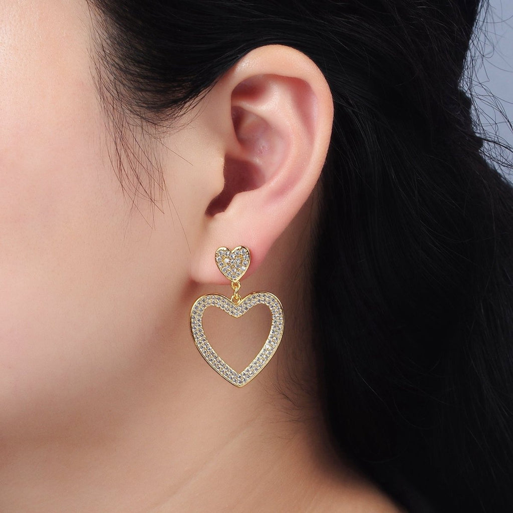14K Gold plated Double Heart Open Micro Paved CZ Drop Stud Earrings | AE422 - DLUXCA