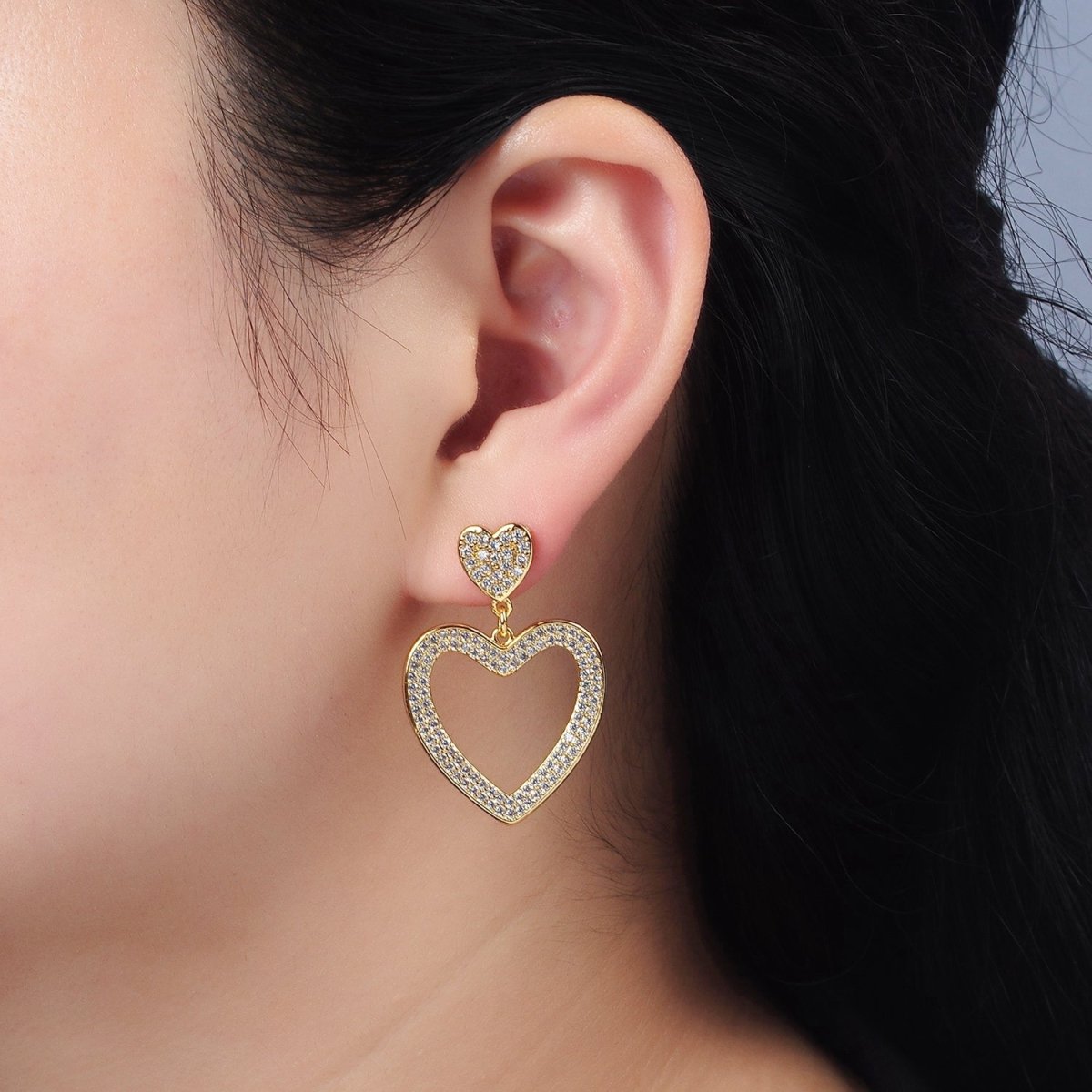14K Gold plated Double Heart Open Micro Paved CZ Drop Stud Earrings | AE422 - DLUXCA