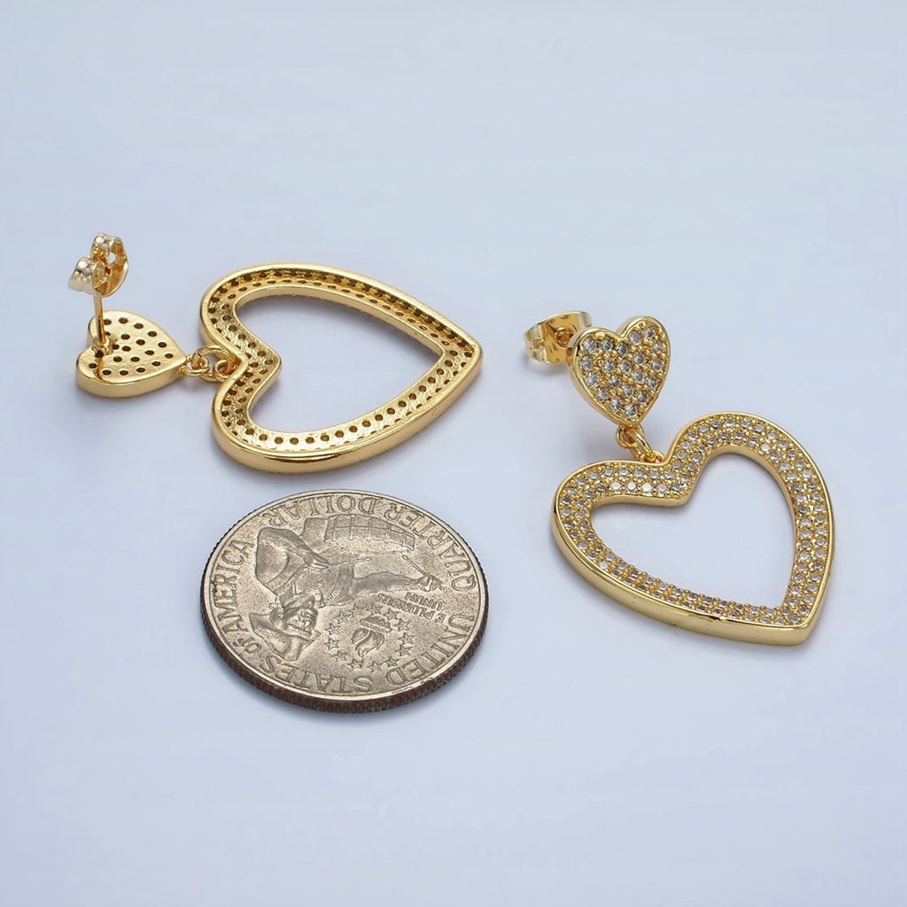 14K Gold plated Double Heart Open Micro Paved CZ Drop Stud Earrings | AE422 - DLUXCA