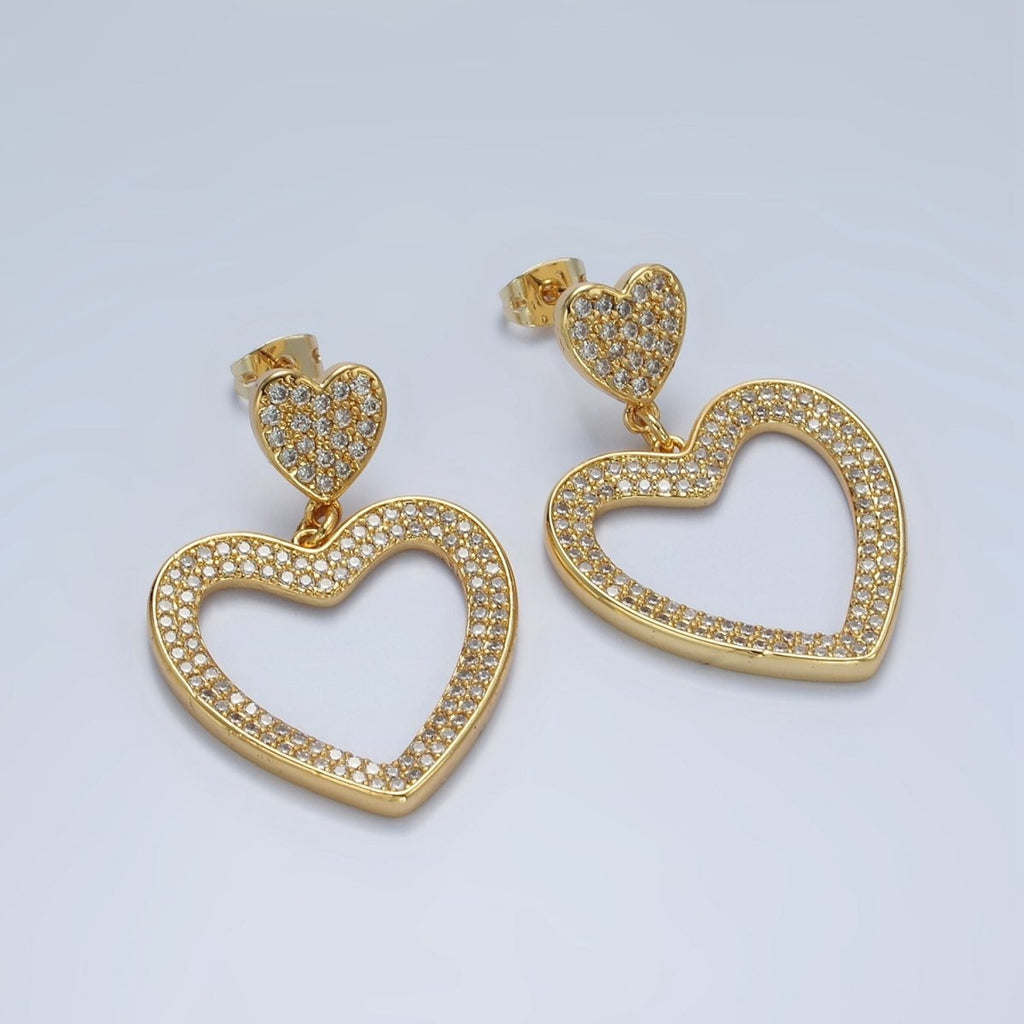 14K Gold plated Double Heart Open Micro Paved CZ Drop Stud Earrings | AE422 - DLUXCA