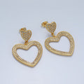 14K Gold plated Double Heart Open Micro Paved CZ Drop Stud Earrings | AE422 - DLUXCA