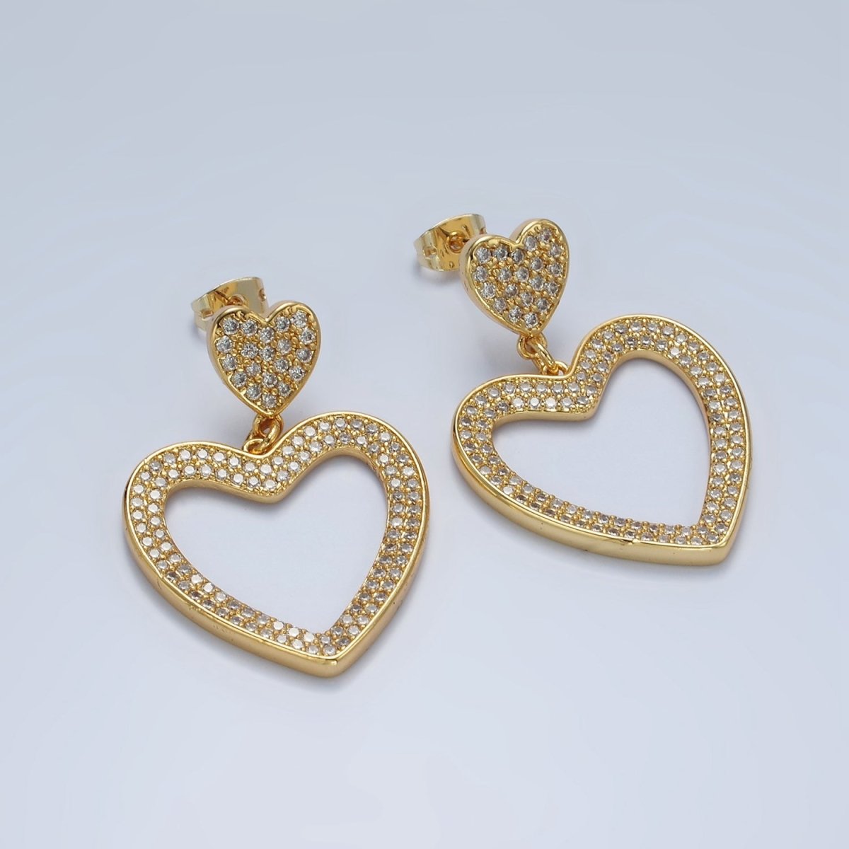 14K Gold plated Double Heart Open Micro Paved CZ Drop Stud Earrings | AE422 - DLUXCA
