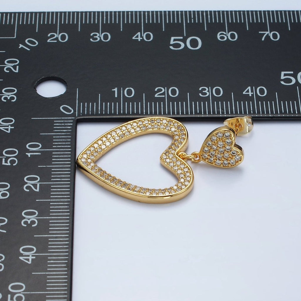 14K Gold plated Double Heart Open Micro Paved CZ Drop Stud Earrings | AE422 - DLUXCA