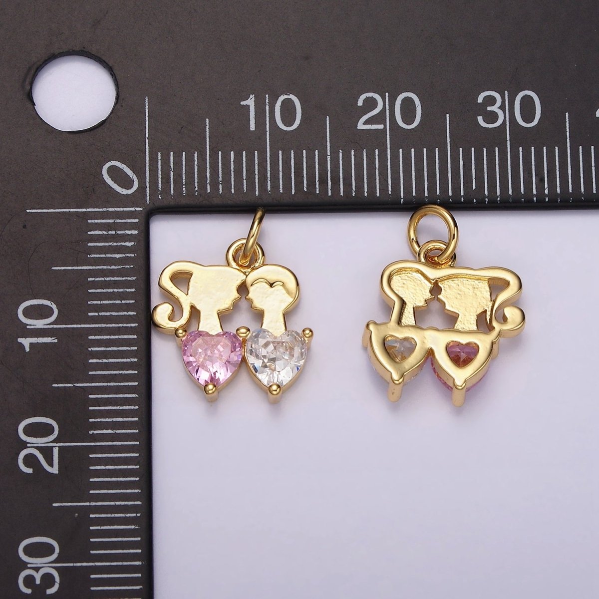 14K Gold plated Double Heart Pink Clear CZ Couple Add-On Charm | AC907 - DLUXCA