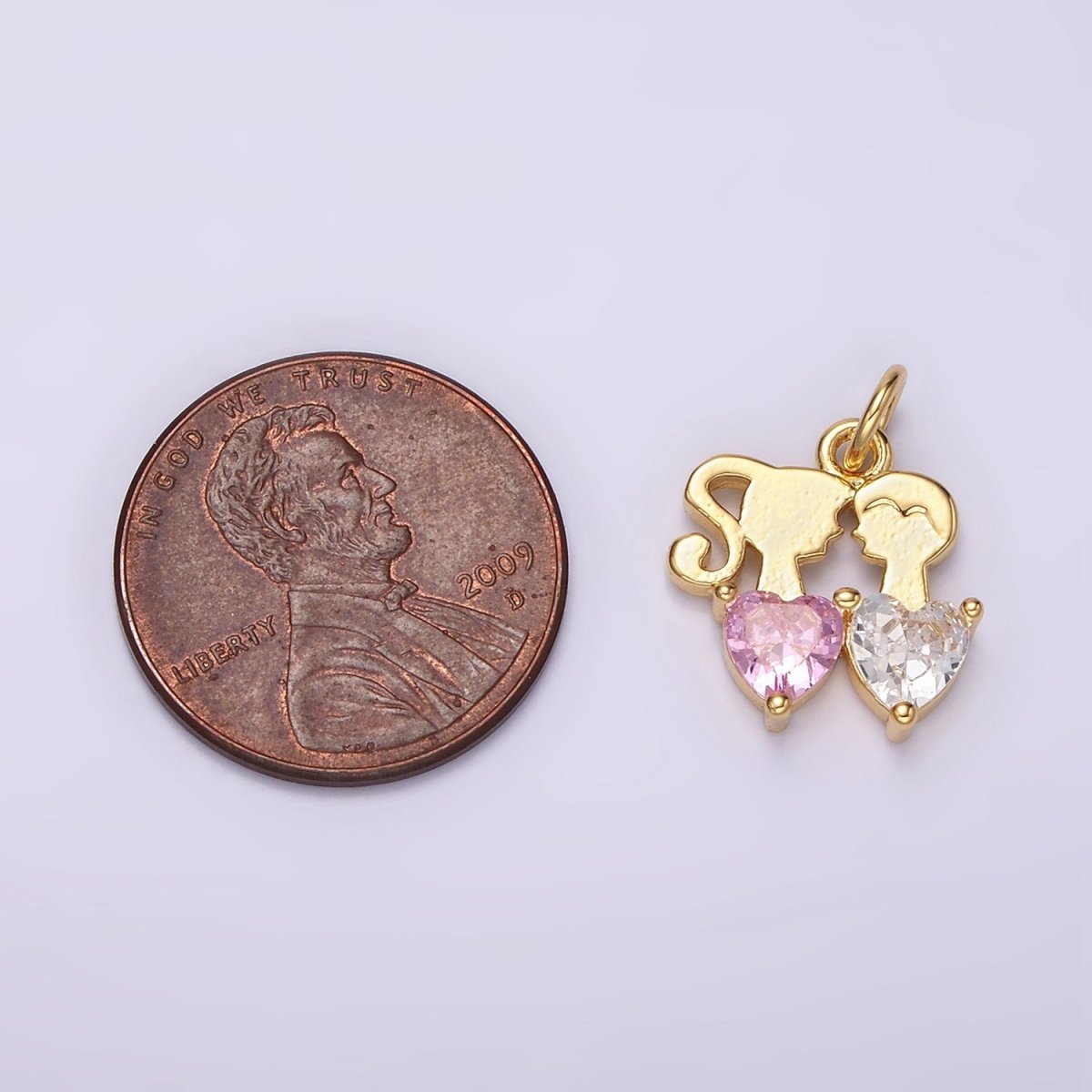 14K Gold plated Double Heart Pink Clear CZ Couple Add-On Charm | AC907 - DLUXCA