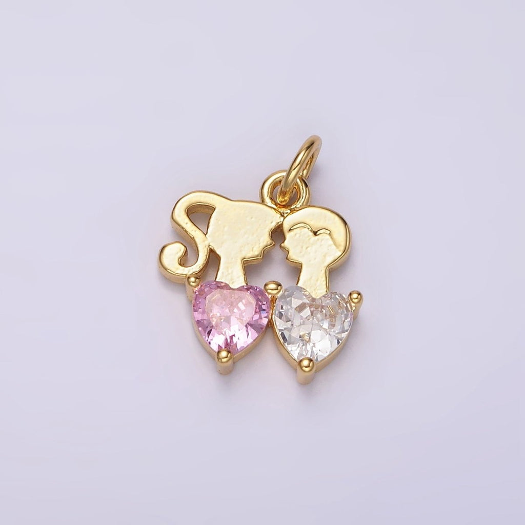 14K Gold plated Double Heart Pink Clear CZ Couple Add-On Charm | AC907 - DLUXCA