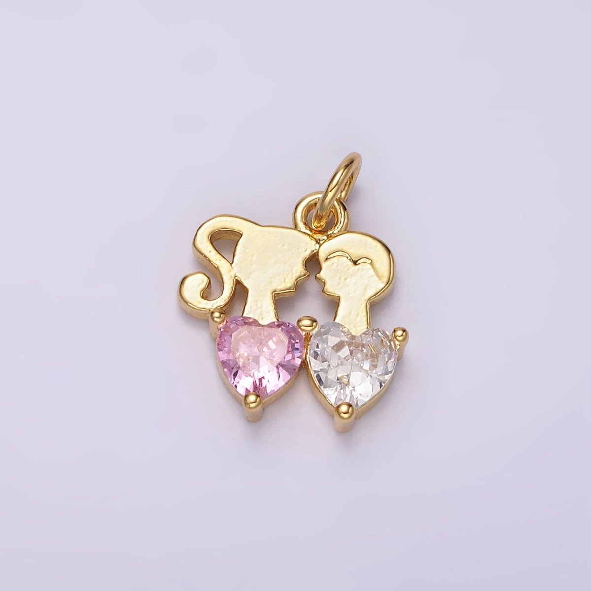 14K Gold plated Double Heart Pink Clear CZ Couple Add-On Charm | AC907 - DLUXCA