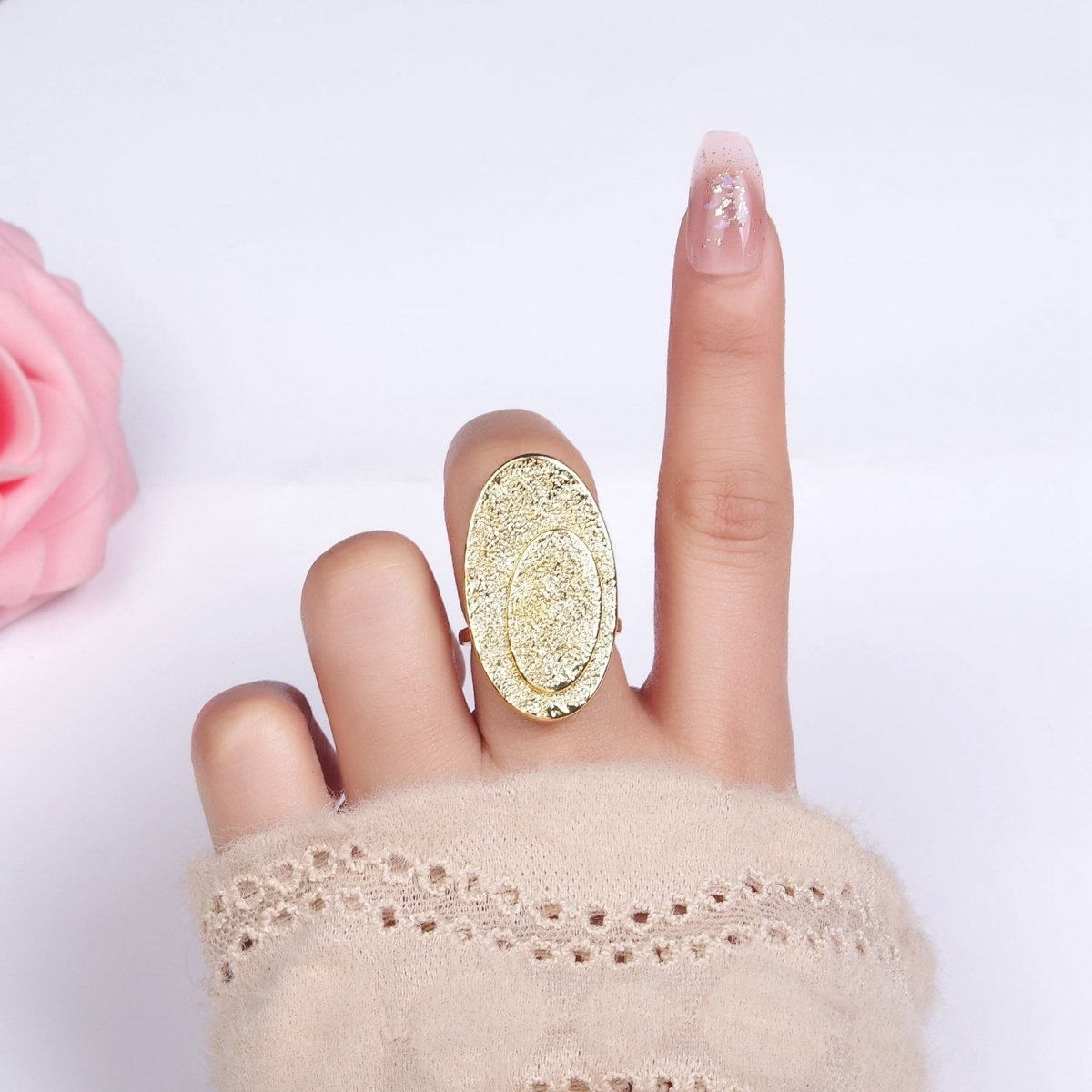 14K Gold plated Double Oval Hammered Ring | O1321 - DLUXCA