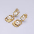 14K Gold plated Double Pearl Open Hammered Micro Paved CZ Rectangular Drop Stud Earrings | AE237 - DLUXCA