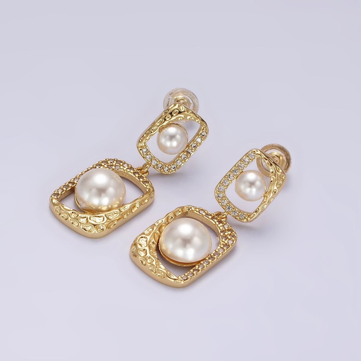 14K Gold plated Double Pearl Open Hammered Micro Paved CZ Rectangular Drop Stud Earrings | AE237 - DLUXCA