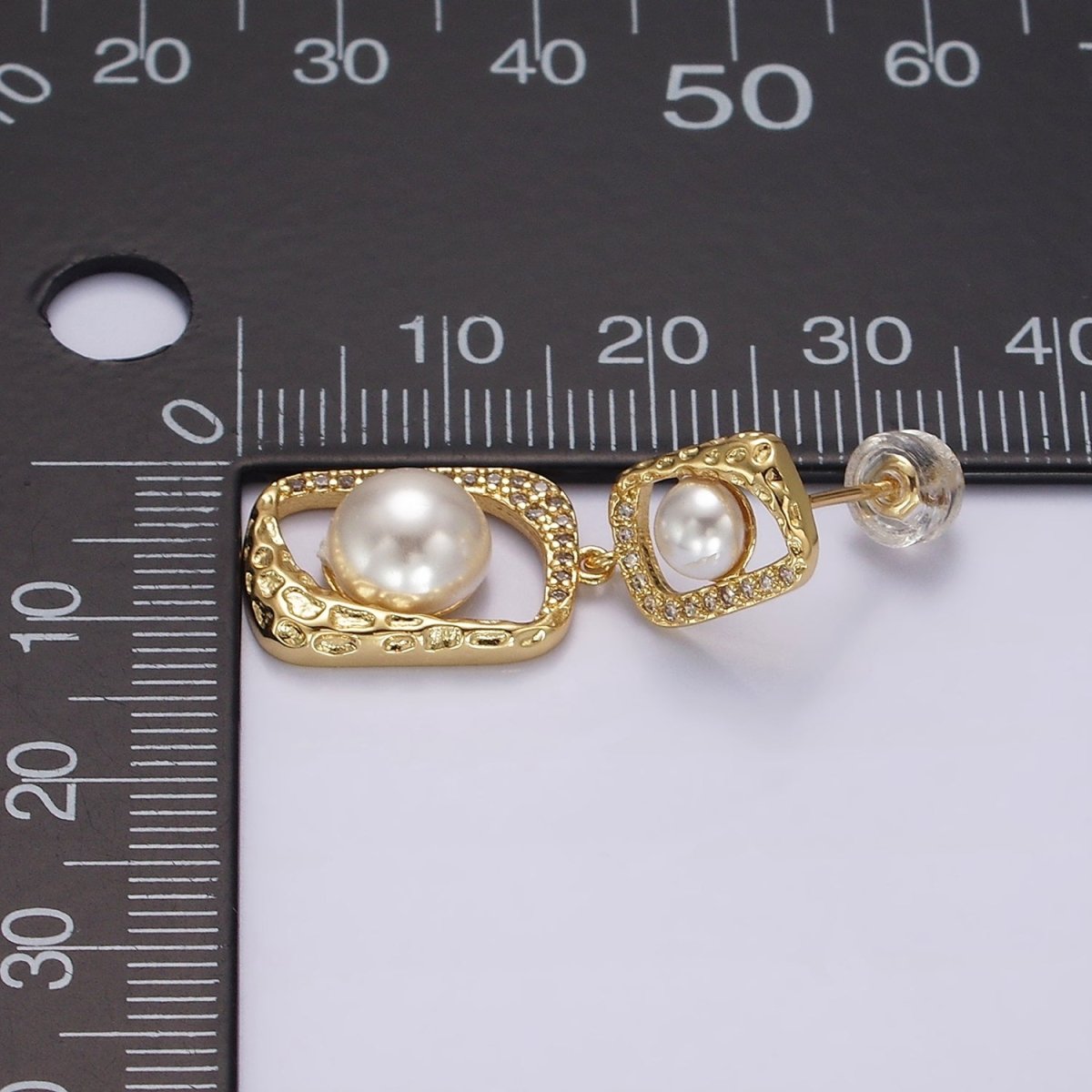 14K Gold plated Double Pearl Open Hammered Micro Paved CZ Rectangular Drop Stud Earrings | AE237 - DLUXCA