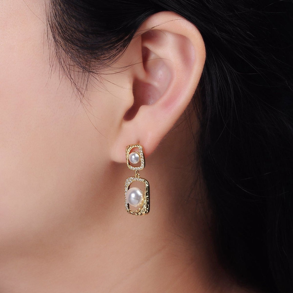 14K Gold plated Double Pearl Open Hammered Micro Paved CZ Rectangular Drop Stud Earrings | AE237 - DLUXCA