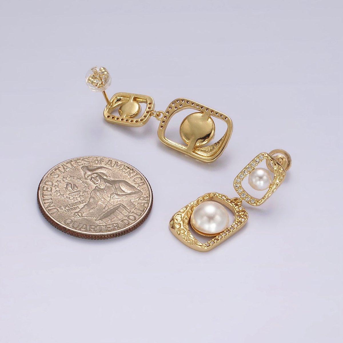 14K Gold plated Double Pearl Open Hammered Micro Paved CZ Rectangular Drop Stud Earrings | AE237 - DLUXCA