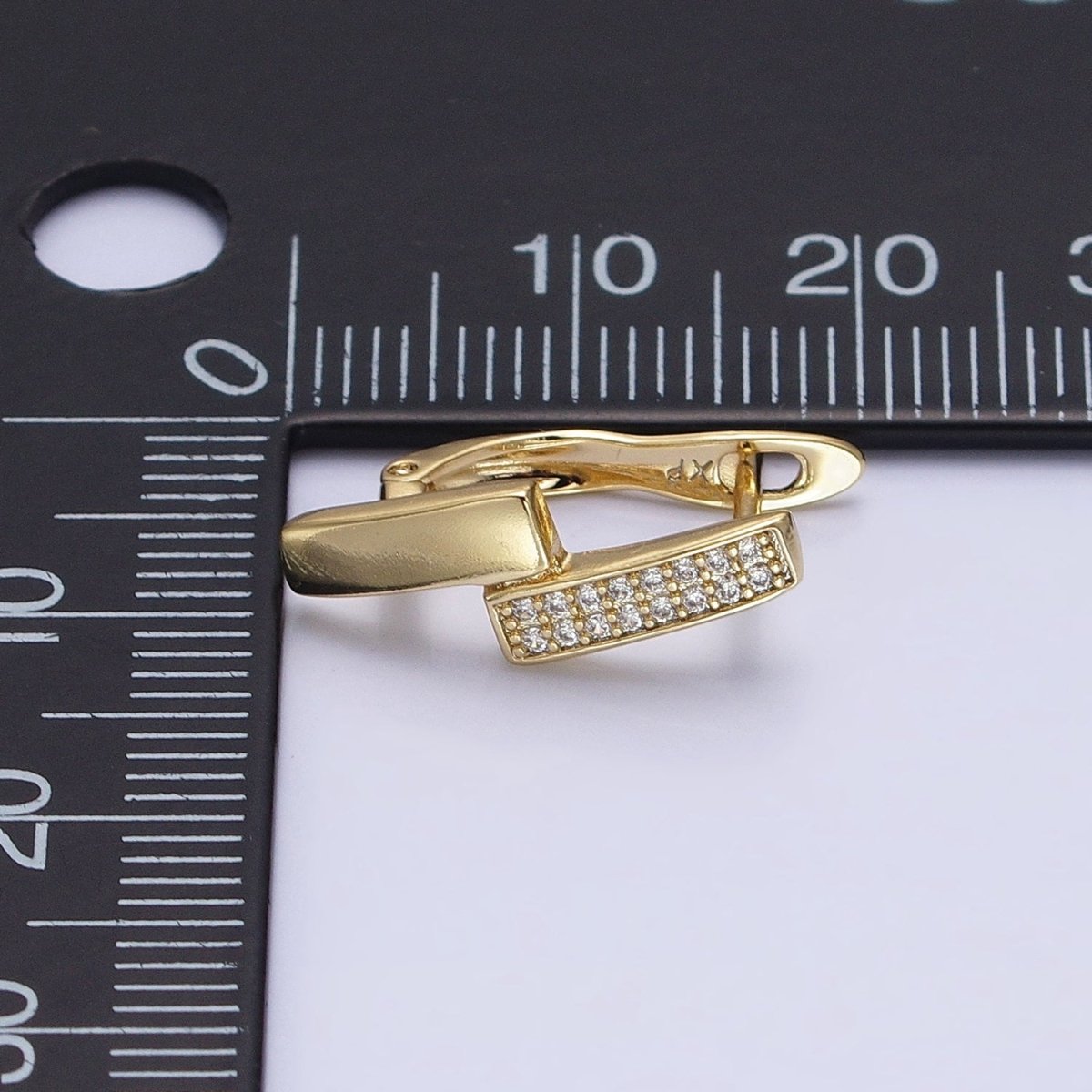 14K Gold plated Double Rectangular Bar Micro Paved CZ English Lock Earrings | AB1525 - DLUXCA