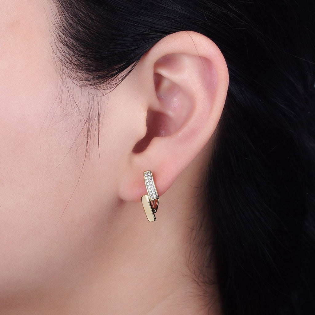 14K Gold plated Double Rectangular Bar Micro Paved CZ English Lock Earrings | AB1525 - DLUXCA