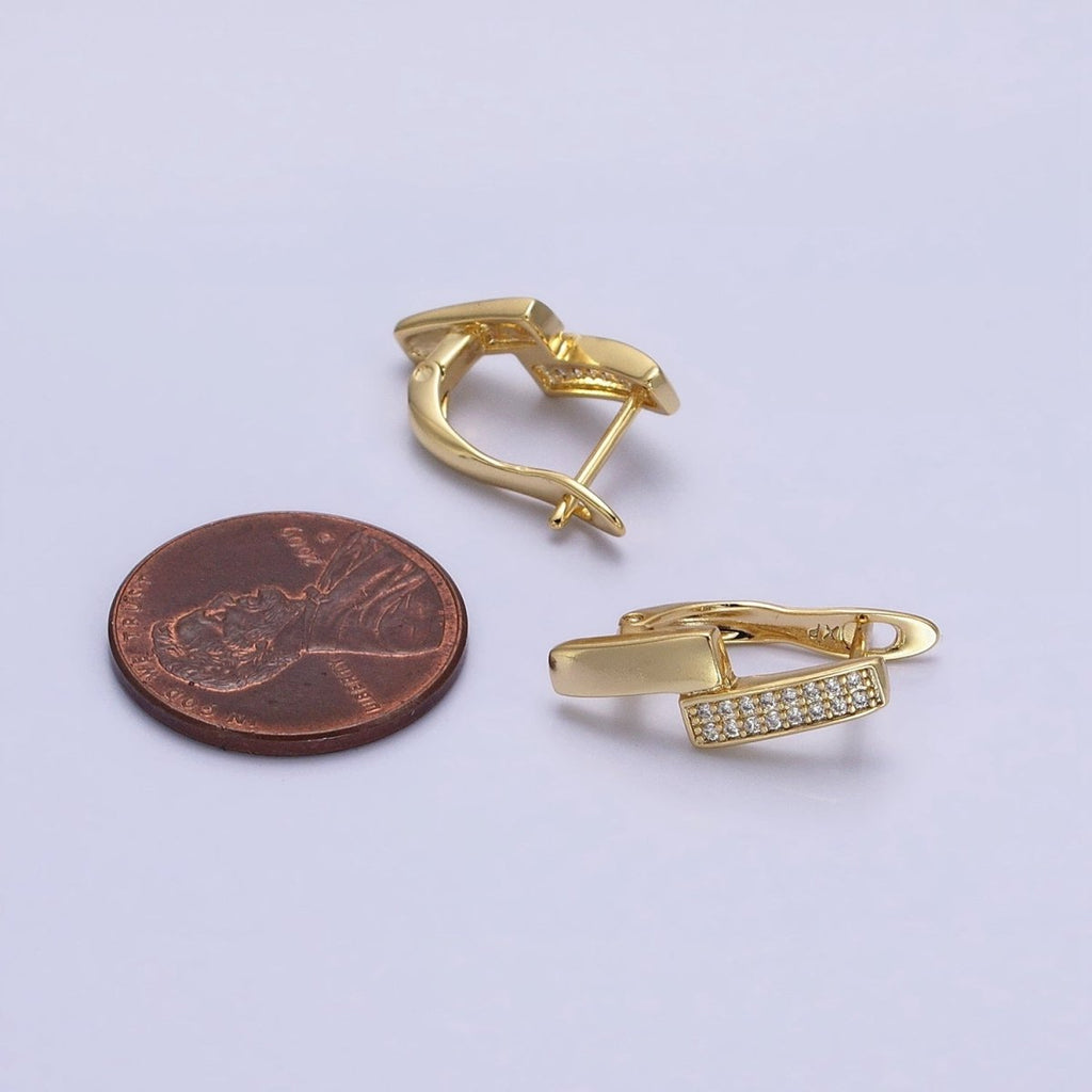 14K Gold plated Double Rectangular Bar Micro Paved CZ English Lock Earrings | AB1525 - DLUXCA