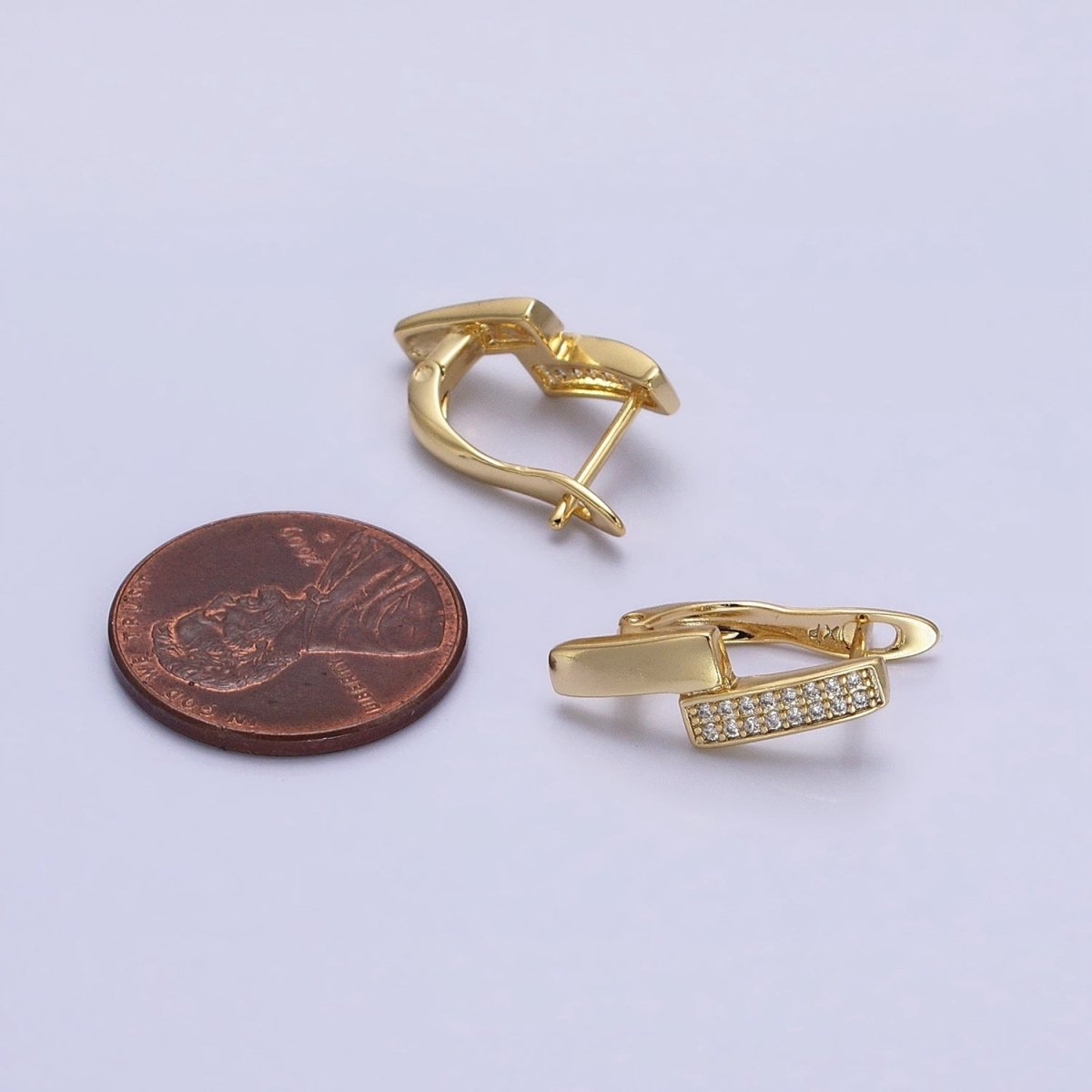 14K Gold plated Double Rectangular Bar Micro Paved CZ English Lock Earrings | AB1525 - DLUXCA