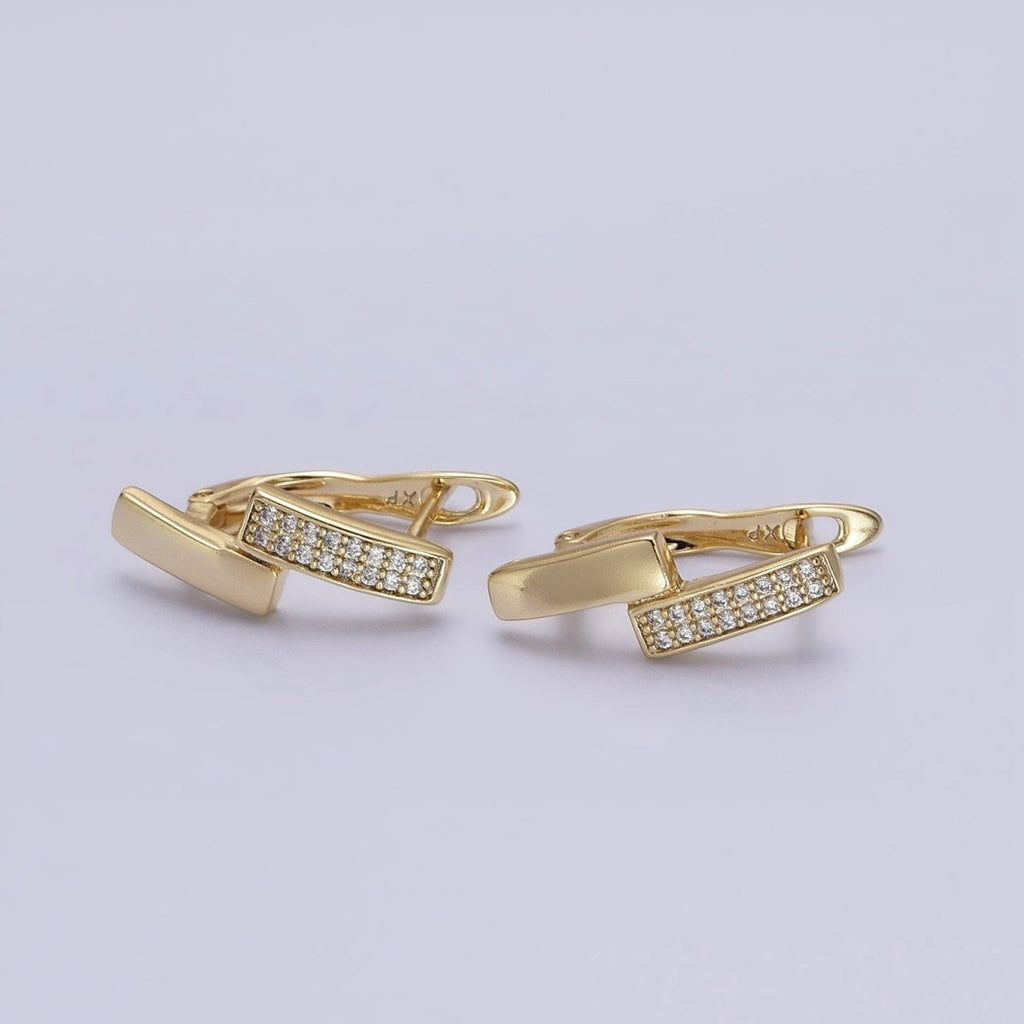 14K Gold plated Double Rectangular Bar Micro Paved CZ English Lock Earrings | AB1525 - DLUXCA
