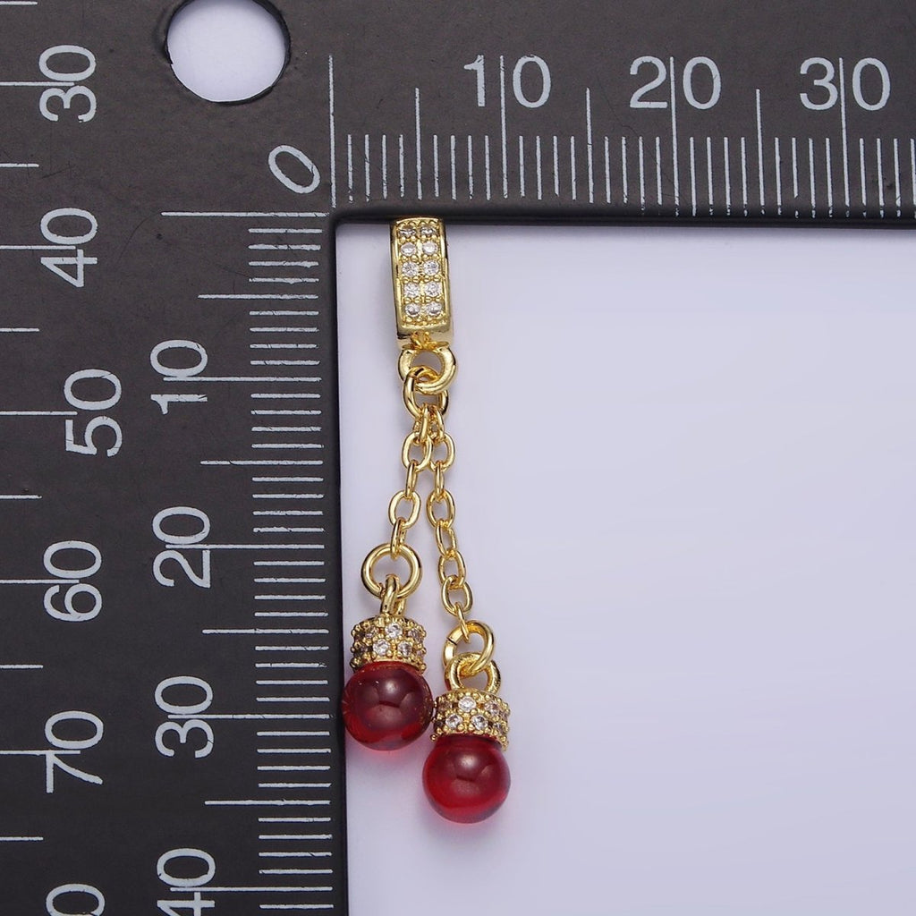 14K Gold plated Double Red Carnelian Bead Cable Link Micro Paved CZ Bail Pendant | AA654 - DLUXCA