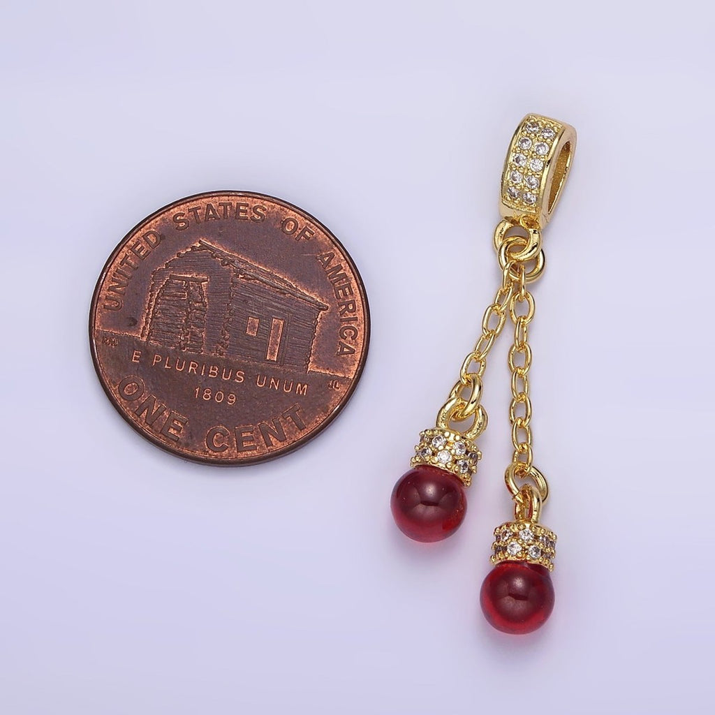 14K Gold plated Double Red Carnelian Bead Cable Link Micro Paved CZ Bail Pendant | AA654 - DLUXCA