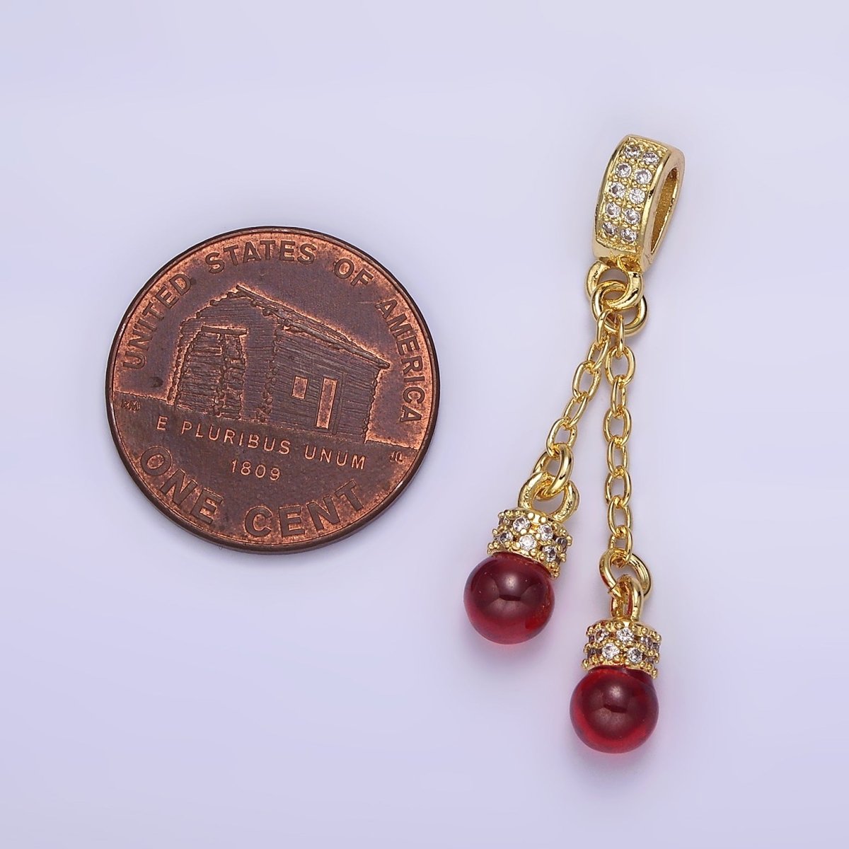 14K Gold plated Double Red Carnelian Bead Cable Link Micro Paved CZ Bail Pendant | AA654 - DLUXCA