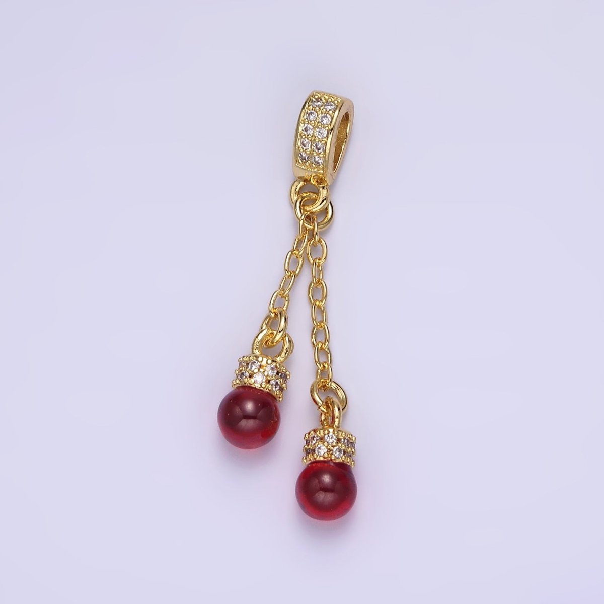 14K Gold plated Double Red Carnelian Bead Cable Link Micro Paved CZ Bail Pendant | AA654 - DLUXCA
