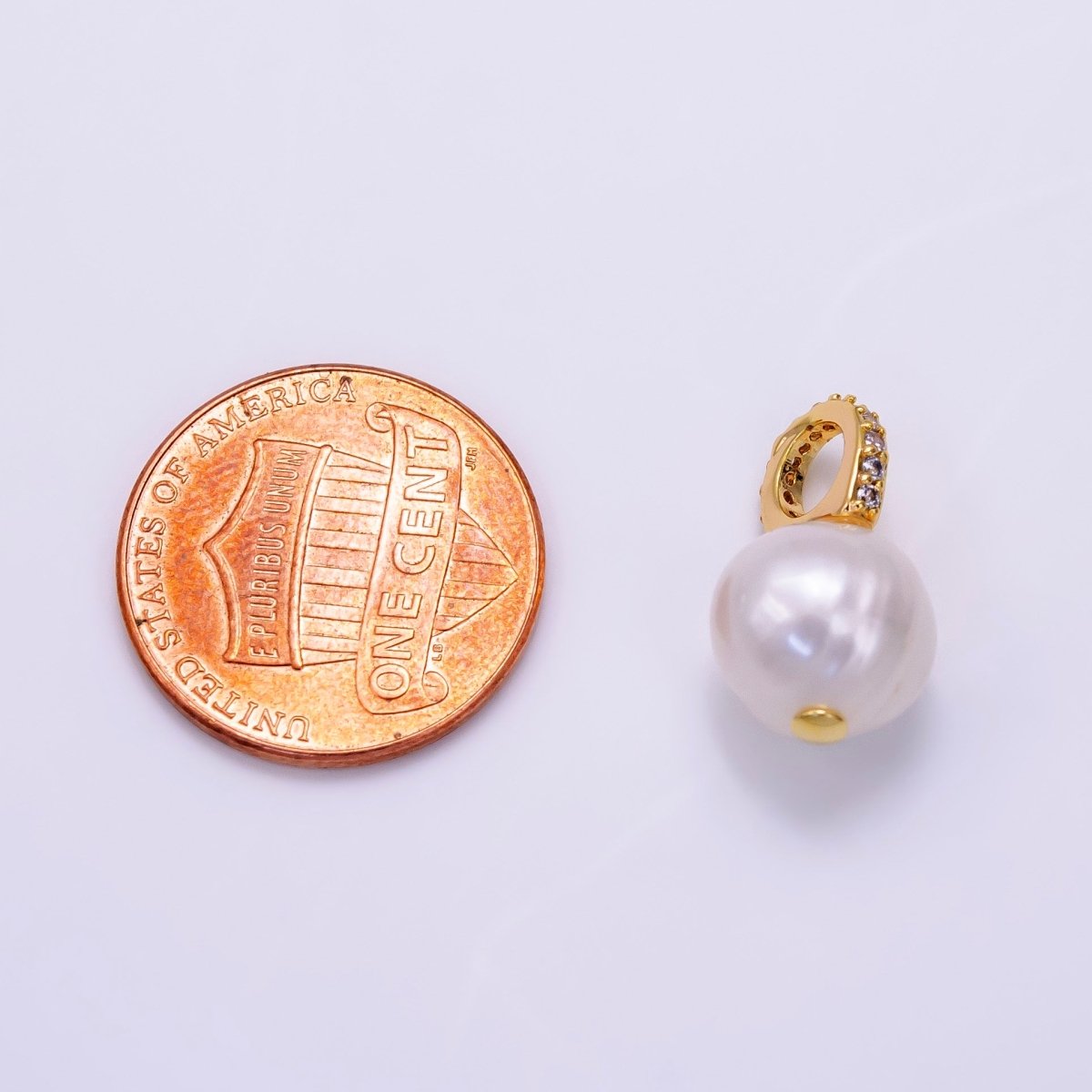 14K Gold plated Double Round Freshwater Pearl Micro Paved CZ Bail Pendant | P1079 - DLUXCA