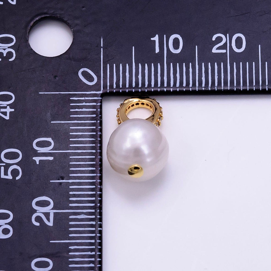 14K Gold plated Double Round Freshwater Pearl Micro Paved CZ Bail Pendant | P1079 - DLUXCA